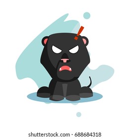 Flat cute and funny cartoon black puma character with various emotion and face in blue abstract background for kids and children
