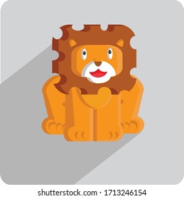 Flat cute and funny cartoon lion character with various emotion and face in blue abstract background for kids and children