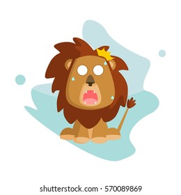 Flat cute and funny cartoon lion character with various emotion and face in blue abstract background for kids and children