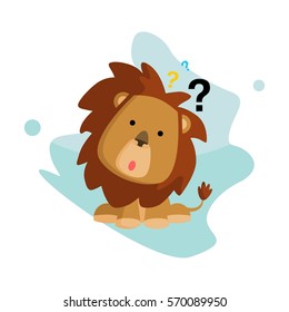 Flat cute and funny cartoon lion character with various emotion and face in blue abstract background for kids and children