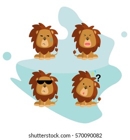 Flat cute and funny cartoon lion character with various emotion and face in blue abstract background for kids and children