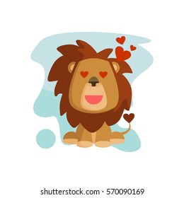 Flat cute and funny cartoon lion character with various emotion and face in blue abstract background for kids and children