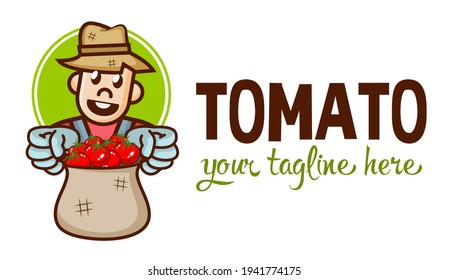 Der fette süße Bauer zeigt eine Tüte Tomaten. Gartenlogo oder Schild. Vektorbauernzeichen. Konzept der Landwirtschaft.