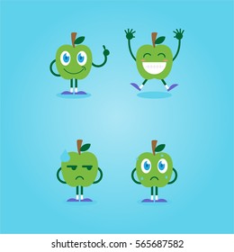flat cute and funny green apple fruit set in various emotion and face in blue background for kids children company business and organization