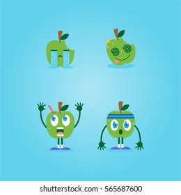 flat cute and funny green apple fruit set in various emotion and face in blue background for kids children company business and organization