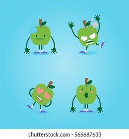 flat cute and funny green apple fruit set in various emotion and face in blue background for kids children company business and organization