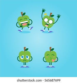 flat cute and funny green apple fruit set in various emotion and face in blue background for kids children company business and organization