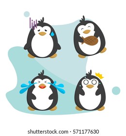 Flat cute and funny penguin cartoon with various face pose and emotion with blue background for kids education and children and shirt design set
