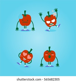 flat cute and funny red tomato set in various emotion and face in blue background for kids children company business and organization