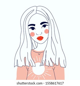 Flat cute girl  lineart with red lips vector illustration