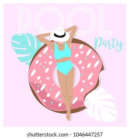 Flat Cute girl on a swimming pool. Summer and holidays background in cartoon. Pool Party Poster