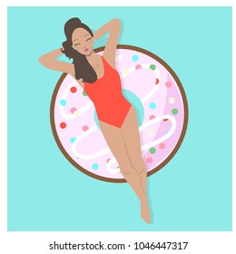 Flat Cute girl on a swimming pool. Summer and holidays background in cartoon