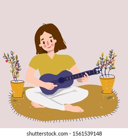 Flat cute girl  play on ukulele vector illustration