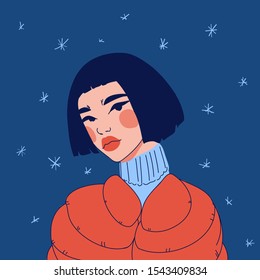 Flat cute girl in puffer  lineart with snowflake  vector illustration