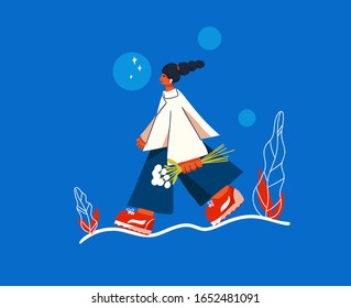 Flat cute girl trendy big size walking with flowers   vector illustration