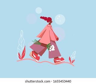 Flat cute girl trendy big size walking with flowers   vector illustration