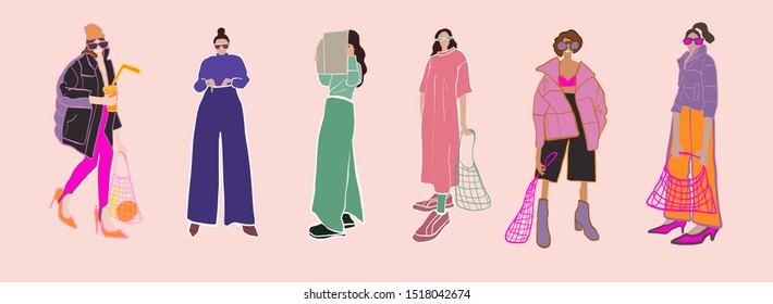 Flat cute girls dressed in trendy clothes. Women's community. Cartoon figures female isolated on background. 