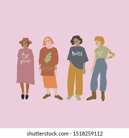 Flat cute girls dressed in trendy clothes. Women's community. Cartoon figures female isolated on background. Hand drawn vector illustration. 