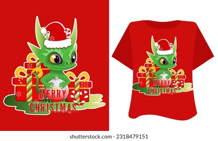 flat cute green dragon with christmas hat and gifts,  design  t-shirt, clothes red color background. New Year 2024 Vector art illustration. Cartoon dragon symbol Chinese 2024