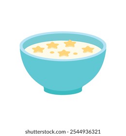 Plano bonito mel estrelas cerealífero vetor ilustração, leite em uma tigela para o café da manhã, isolado no fundo branco