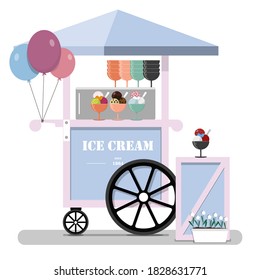 Flat cute ice cream cart. Diner in the Park, at the fair, street and festival. Vector illustration in pastel pink and blue tones. Point of sale of ice cream, Popsicle, Gelato and milkshakes. Cold