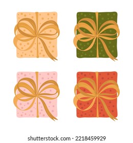 Ilustración lisa y llana de regalos. Postal con regalos y cintas. Conjunto de elementos para la decoración de vacaciones.
