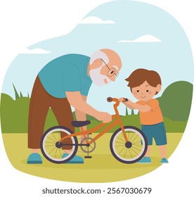 Flat cute illustration of grandfather helping to prepare his grandson's bike for a ride in a summer park and teaching the child how to do it.