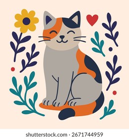 Ilustração plana bonito de gato feliz com flores, folhas e corações decorativos