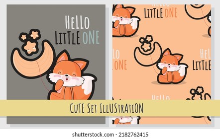 flat cute illustration set of cute fox on the moon
