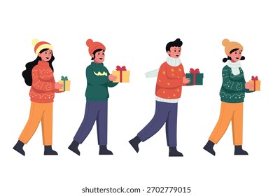 Flat cute illustration set of joyful characters giving gifts while wearing cozy winter sweaters perfect for holiday themes cheerful celebrations warm seasonal designs and friendly festive projects