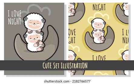 flat cute illustration set of cute sheep on the moon
