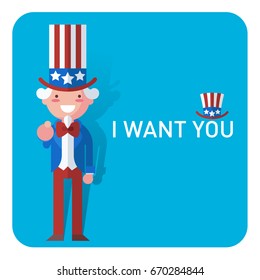 Flat cute illustration of Uncle Sam pointing, saying I want you