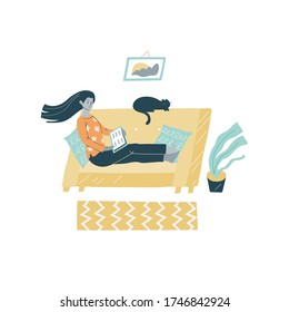 Flat cute isolated vector illustration with a Young pretty woman sitting on a couch with pillows in cozy room and reading a book. Nearby is a funny cat. Reading person consept