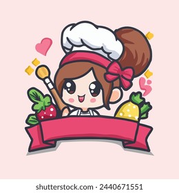 flat cute kawai woman chef cartoon character