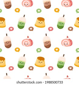 Flat cute kawaii character food pattern pudding roll cake and flavors iced pearl milk tea background design
