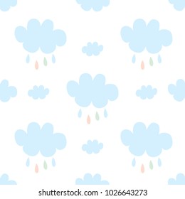 Flat cute kids Cloudy seamless pattern ,rain drops. blue pastel