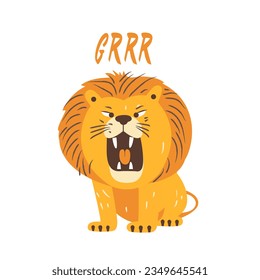 Flat cute lion open mouth roar. Trendy. Cartoon animal character vector illustration isolated on background. Print for kids apparel, nursery decoration, poster, funny avatars.