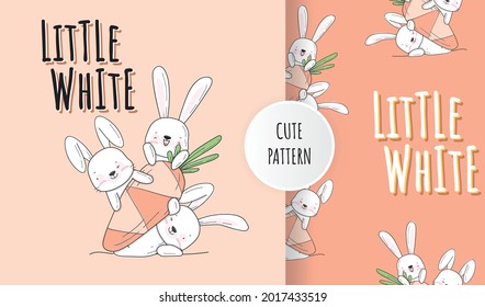 Flat cute little bunny animal illustration with seamless pattern