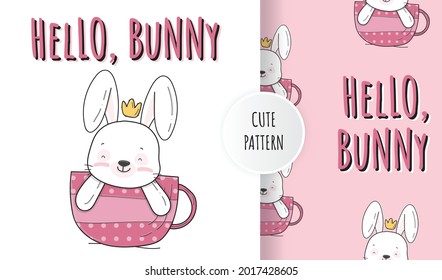 Flat cute little bunny on cup animal  illustration with seamless pattern