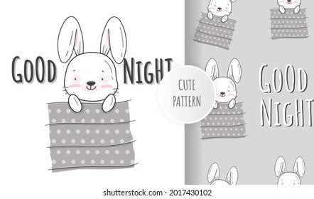 Flat cute little sleeping bunny animal illustration with seamless pattern