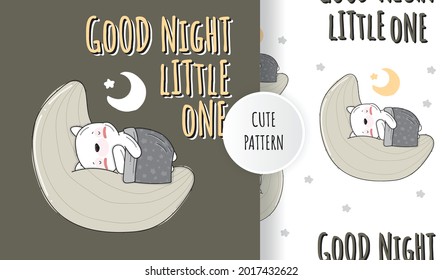 Flat cute little sleeping cat on the moon illustration with seamless pattern