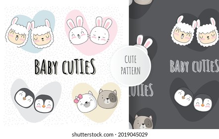 Flat cute lovely baby animal face pattern set illustration