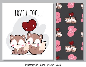 Flat cute lovely fox illustration for kids and pattern set

