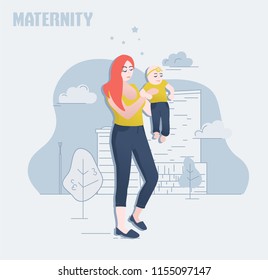  flat  cute motherhood and pregnancy vector, mum and daughter