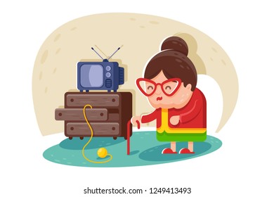Flat cute old lady with glasses and cane near TV and wardrobe with balls of yarn. Concept smile funny relax woman in home furnishings. Vector illlustration. 