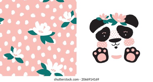 Flat cute panda. For design baby clothes. Seamless pattern and vector illustration. Isolated.