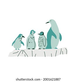 Flat cute penguin with babies vector illustration