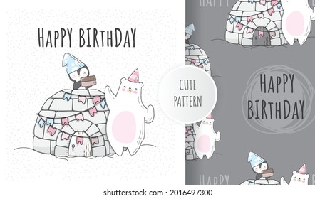 Flat cute penguin birthday party with bear illustration for kids