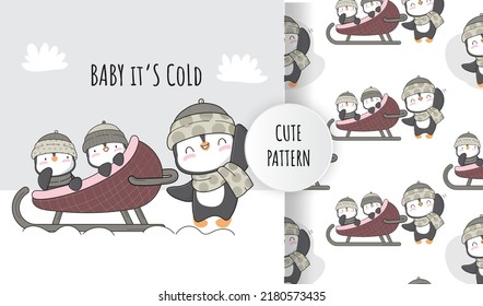 Flat Cute Penguin Family On The Snow Illustration Set