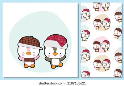 Flat cute penguin illustration for kids and pattern set
